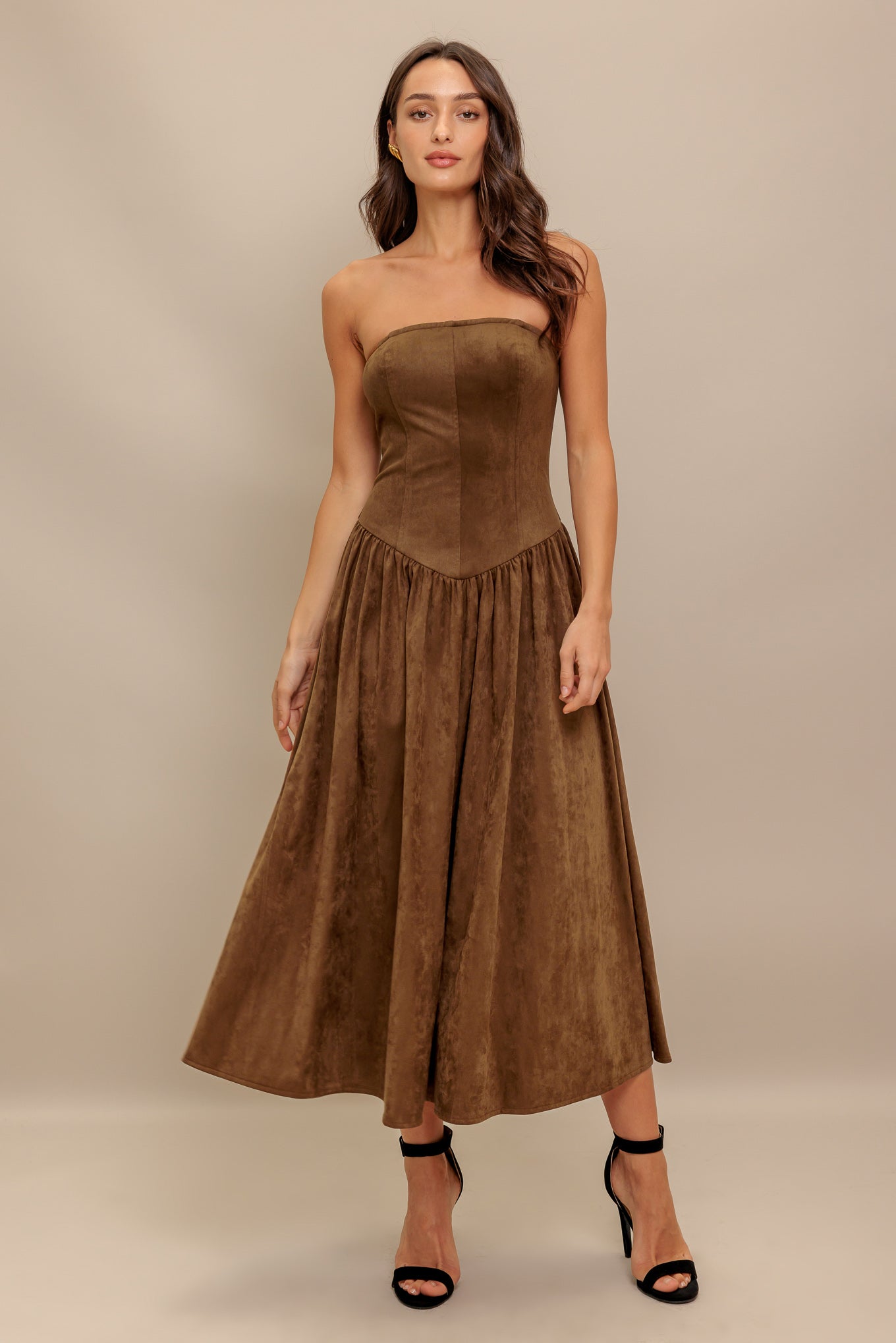 WILD ESPRESSO BROWN FAUX SUEDE MIDI DRESS