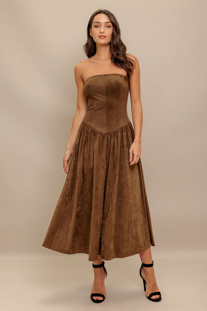 WILD ESPRESSO BROWN FAUX SUEDE MIDI DRESS
