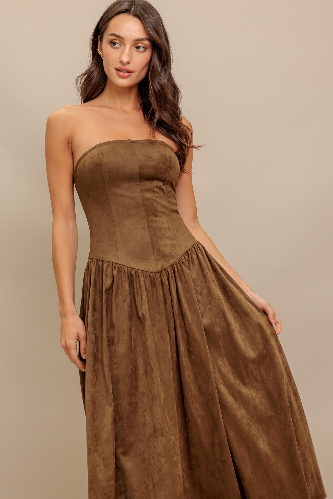 WILD ESPRESSO BROWN FAUX SUEDE MIDI DRESS