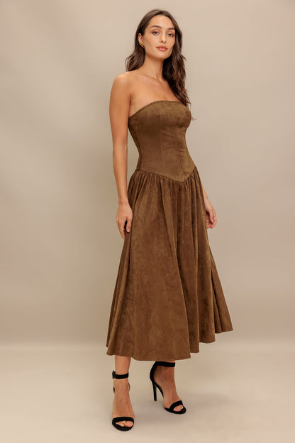 WILD ESPRESSO BROWN FAUX SUEDE MIDI DRESS