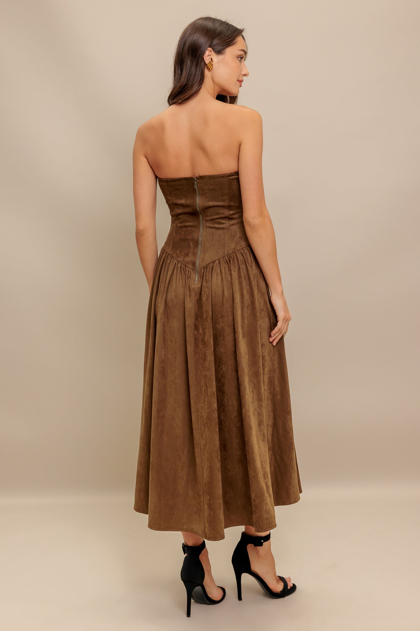 WILD ESPRESSO BROWN FAUX SUEDE MIDI DRESS