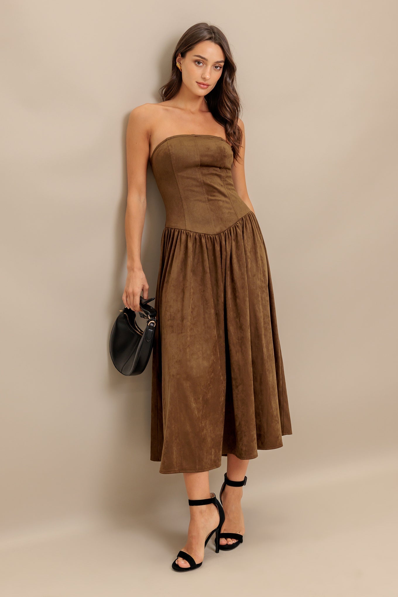 WILD ESPRESSO BROWN FAUX SUEDE MIDI DRESS