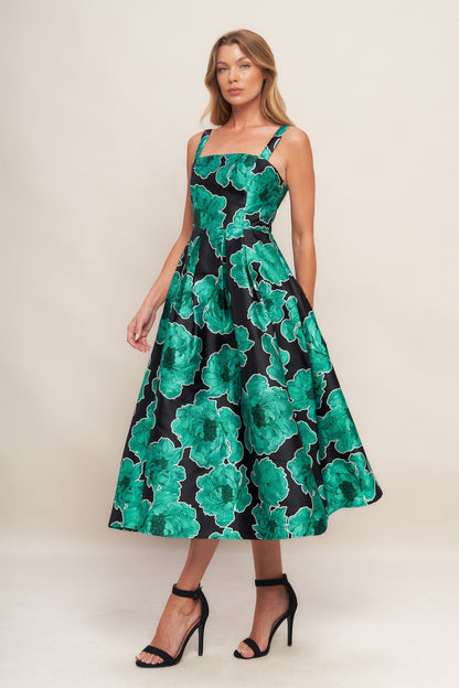 ROYAL BAROQUE GREEN FLORAL PRINT SATIN MIDI DRESS