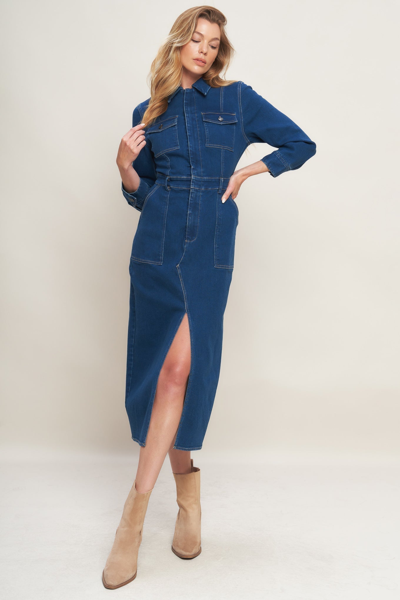 MIDNIGHT SERENADE LONG SLEEVE BLUE DENIM DRESS