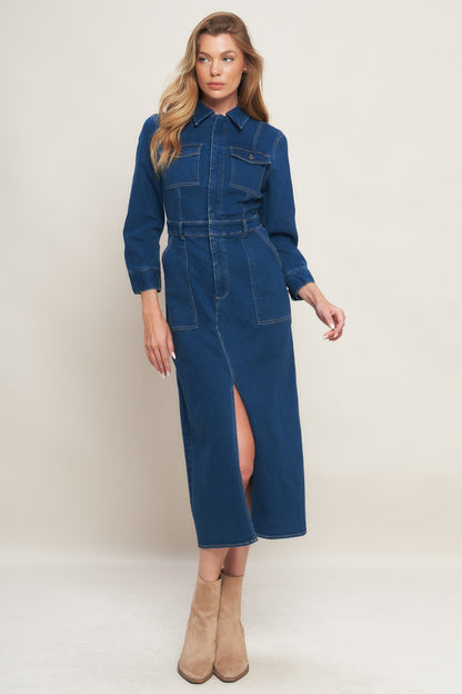 MIDNIGHT SERENADE LONG SLEEVE BLUE DENIM DRESS