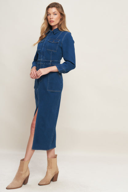 MIDNIGHT SERENADE LONG SLEEVE BLUE DENIM DRESS