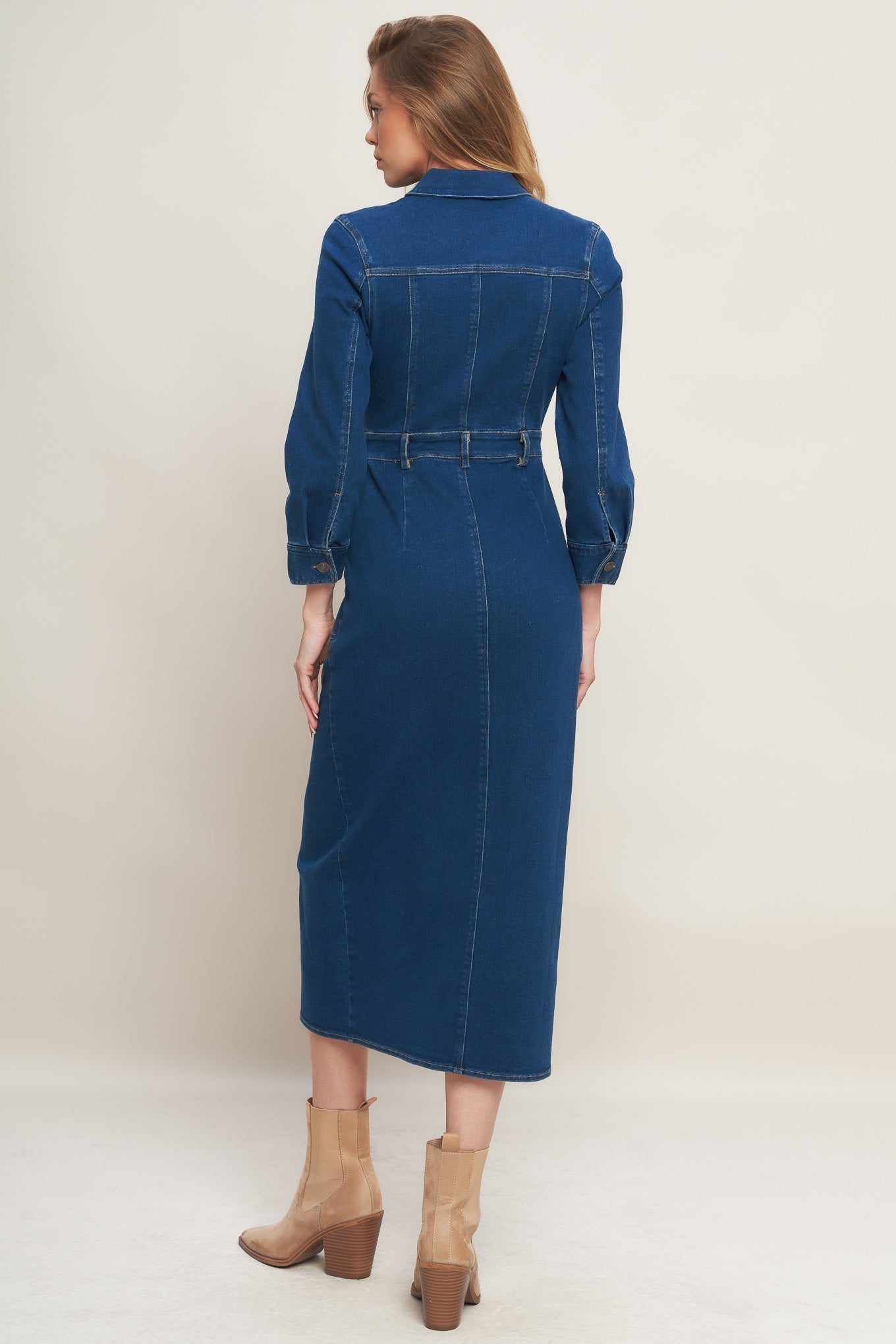 MIDNIGHT SERENADE LONG SLEEVE BLUE DENIM DRESS