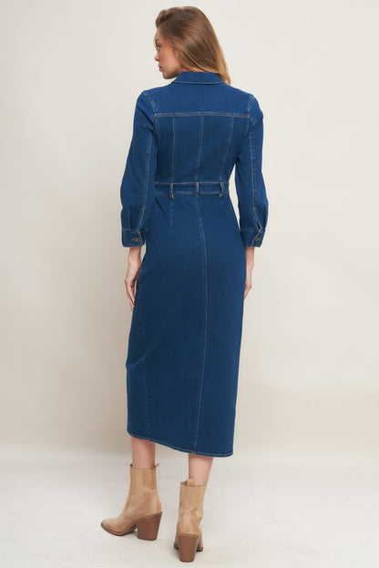 MIDNIGHT SERENADE LONG SLEEVE BLUE DENIM DRESS
