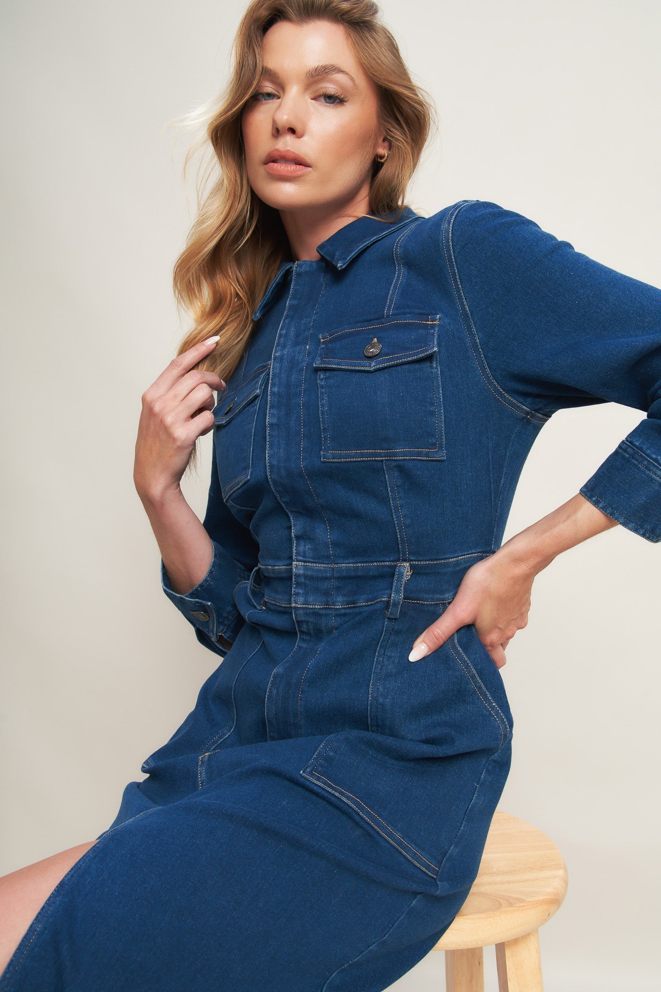 MIDNIGHT SERENADE LONG SLEEVE BLUE DENIM DRESS