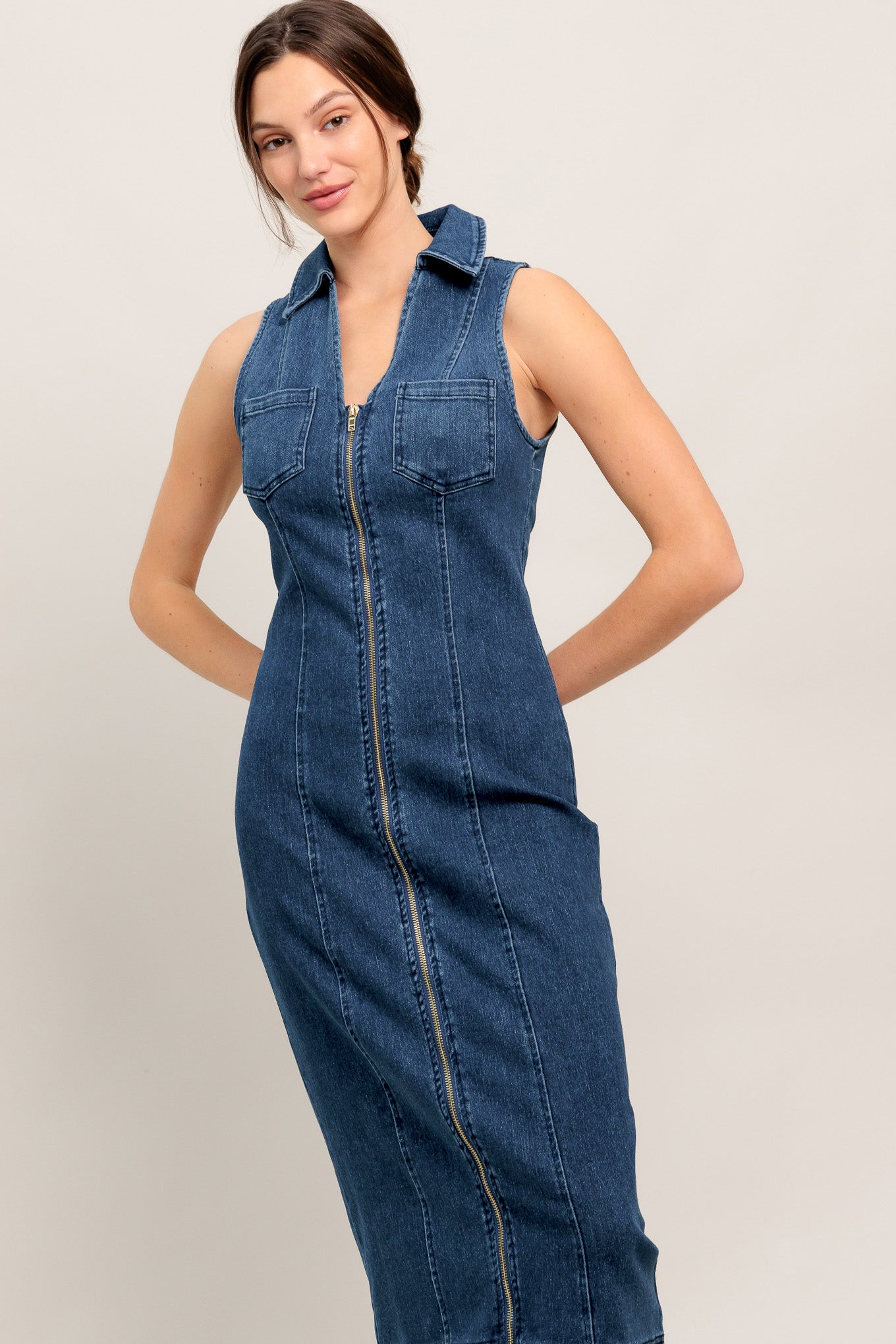 EVERYDAY EDGE ZIP FRONT DENIM MIDI DRESS