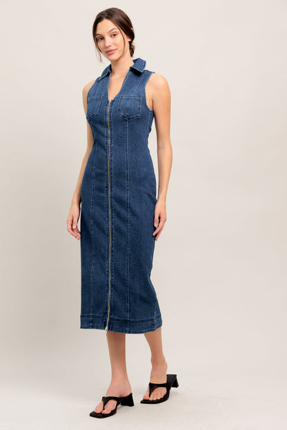EVERYDAY EDGE ZIP FRONT DENIM MIDI DRESS