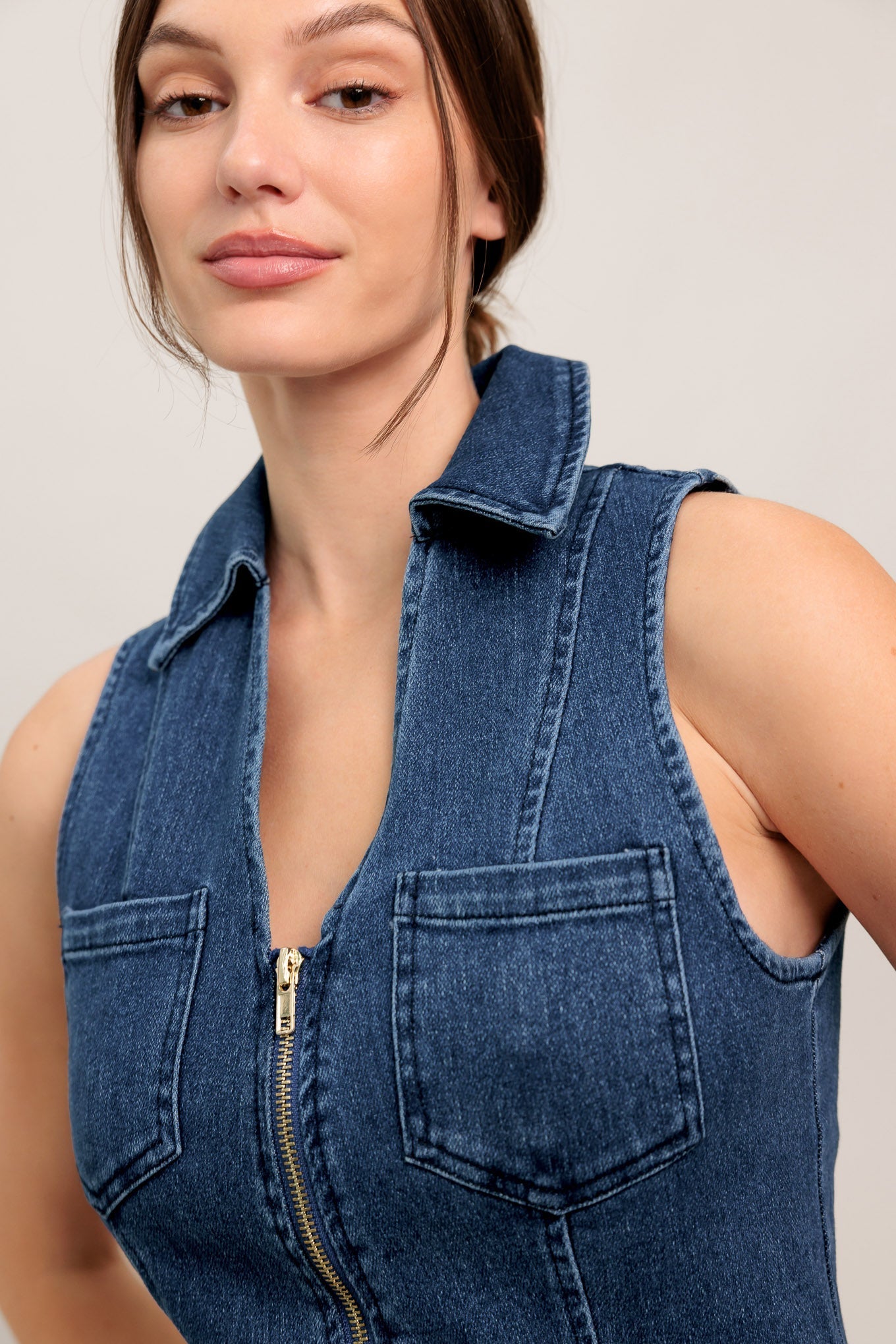 EVERYDAY EDGE ZIP FRONT DENIM MIDI DRESS