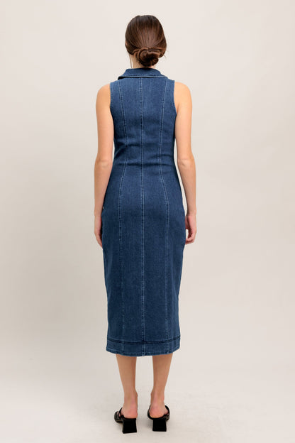 EVERYDAY EDGE ZIP FRONT DENIM MIDI DRESS