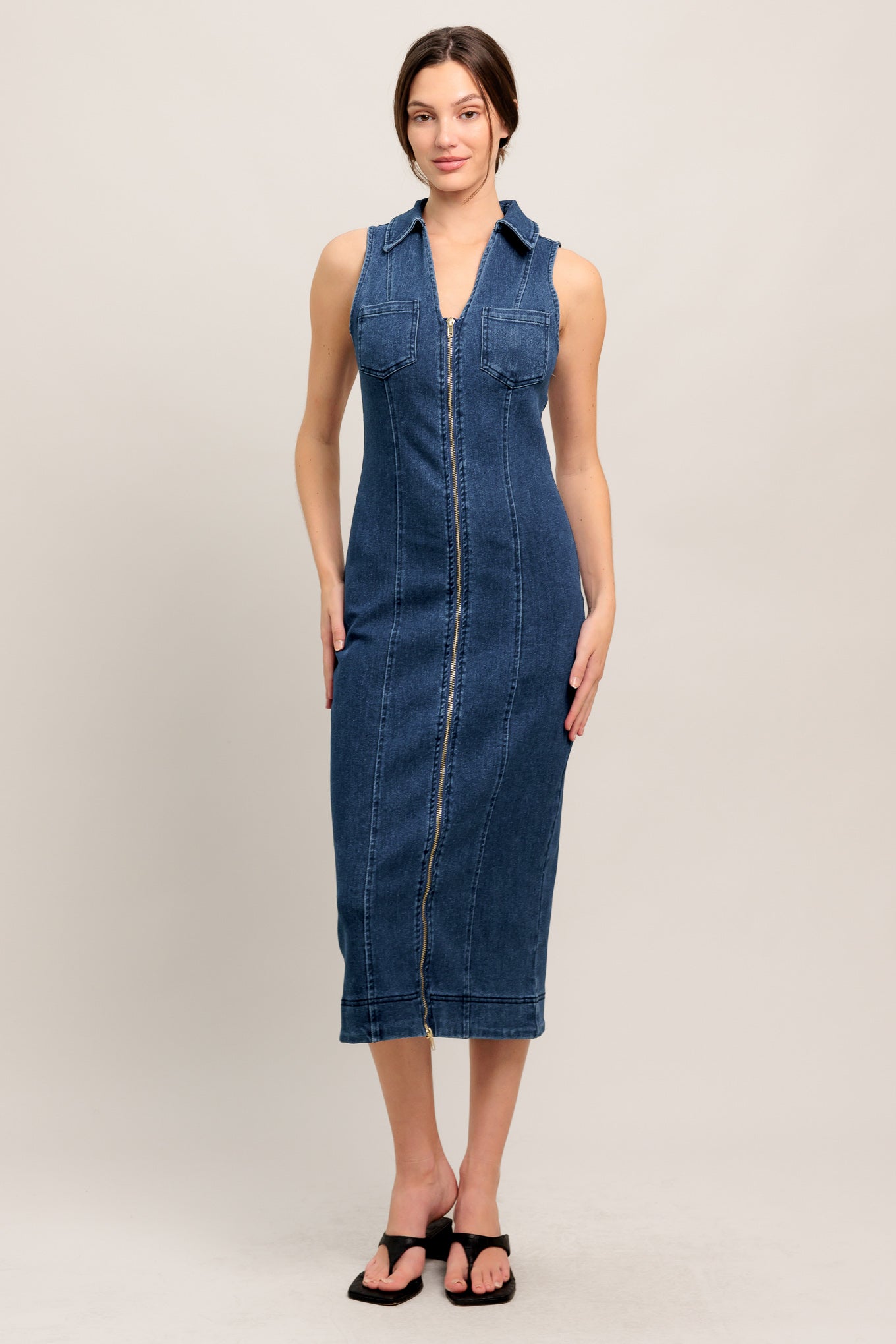 EVERYDAY EDGE ZIP FRONT DENIM MIDI DRESS
