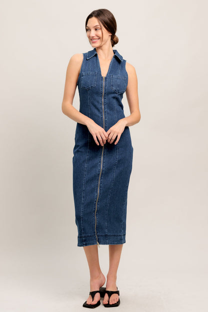 EVERYDAY EDGE ZIP FRONT DENIM MIDI DRESS