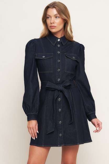 AUTUMN DAYS LONG SLEEVE DARK DENIM MINI DRESS