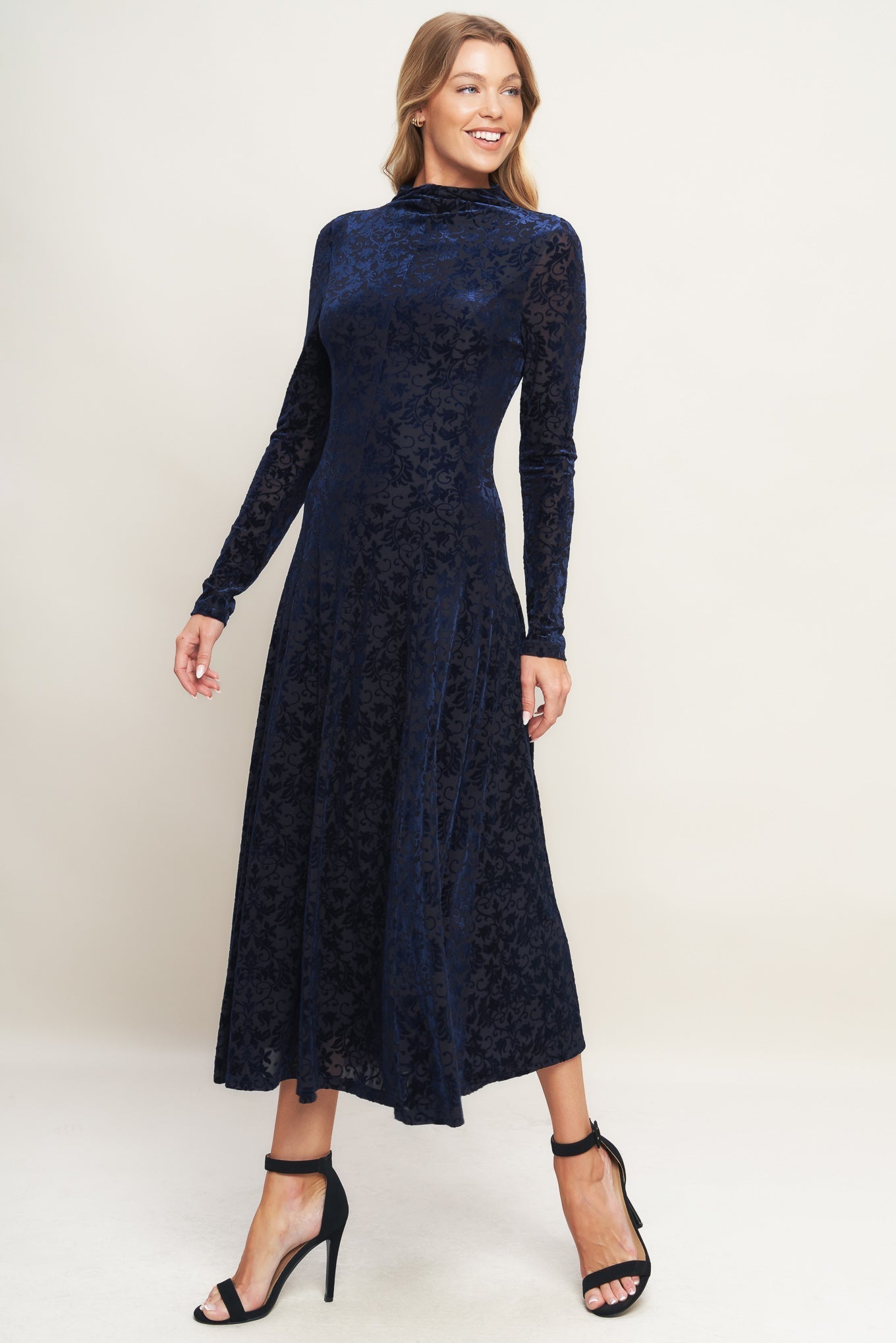 Size Small, VELVET GALAXY CHARM MIDI DRESS NAVY FINAL