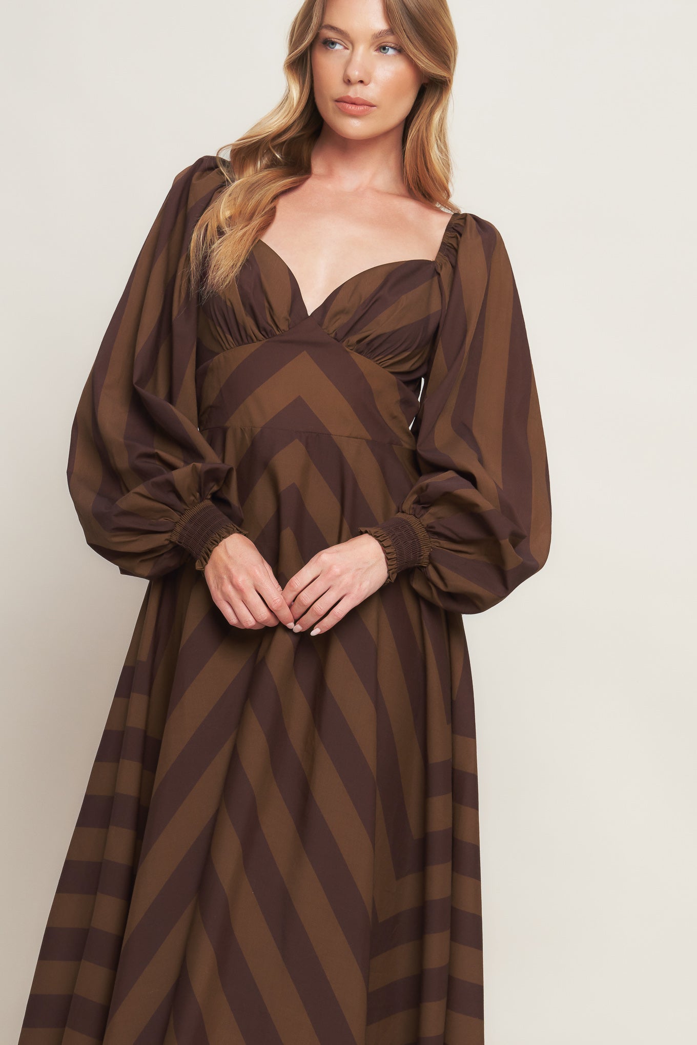 GODDESS BROWN STRIPE LONG SLEEVE MIDI DRESS