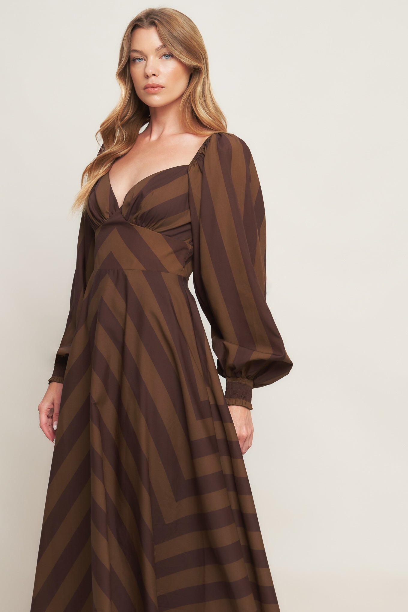 GODDESS BROWN STRIPE LONG SLEEVE MIDI DRESS FINAL