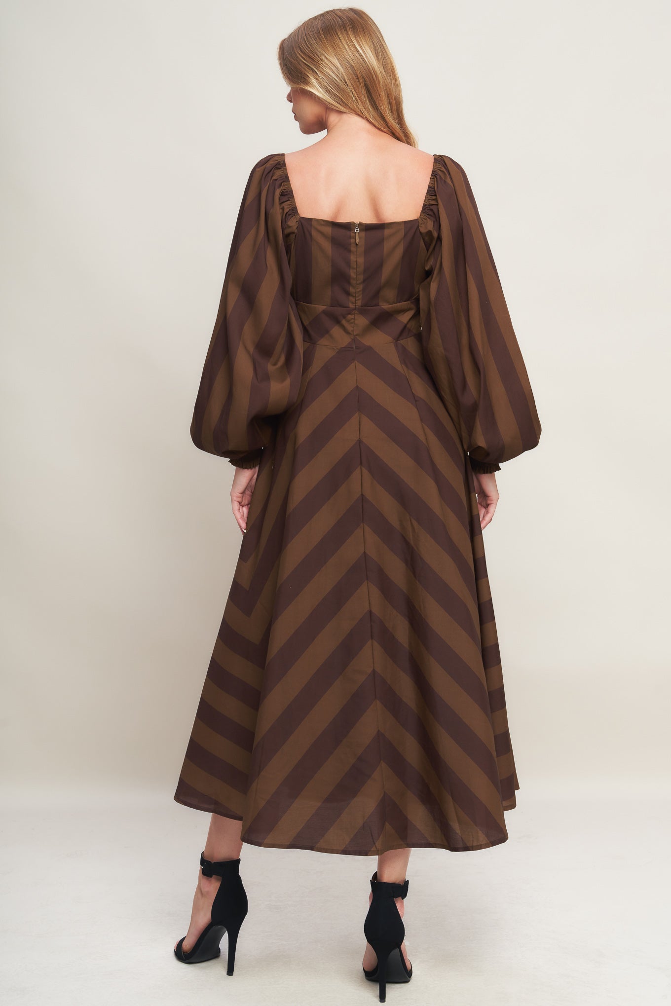 GODDESS BROWN STRIPE LONG SLEEVE MIDI DRESS