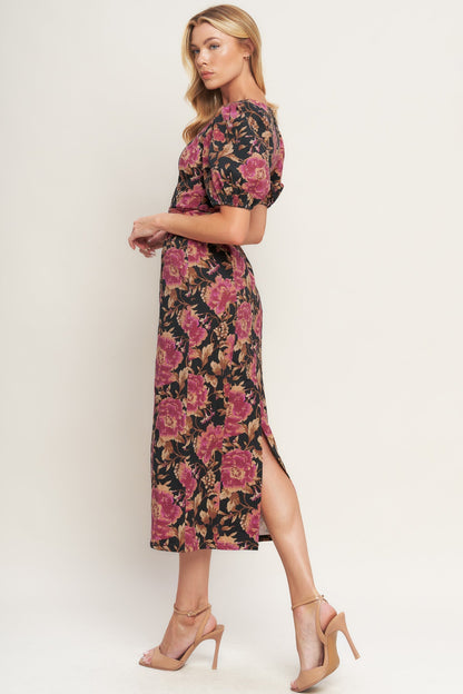 ROSE PUFF SLEEVE FITTED MIDI DRESS