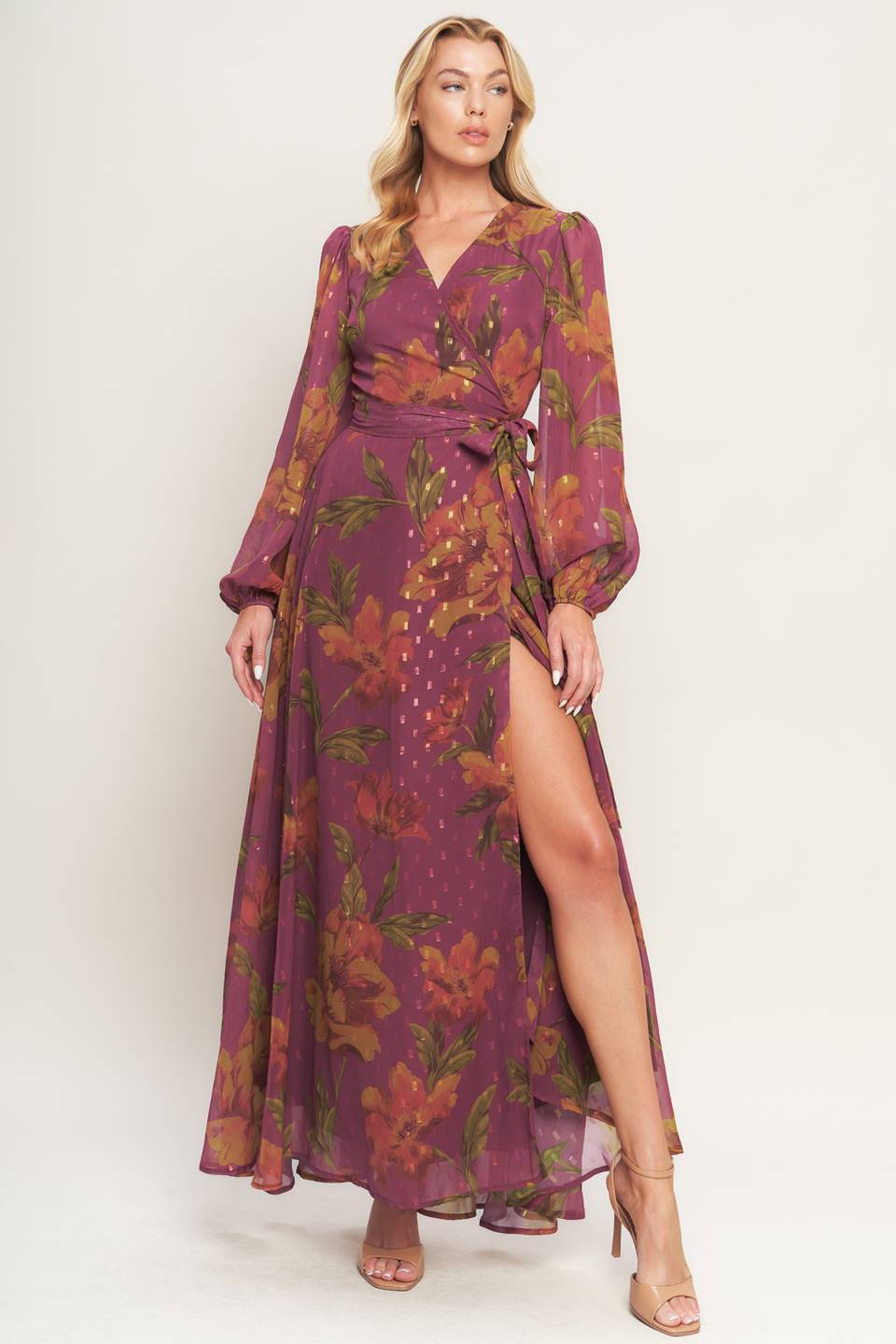 EMBER GARDEN LONG SLEEVE FLORAL WRAP DRESS