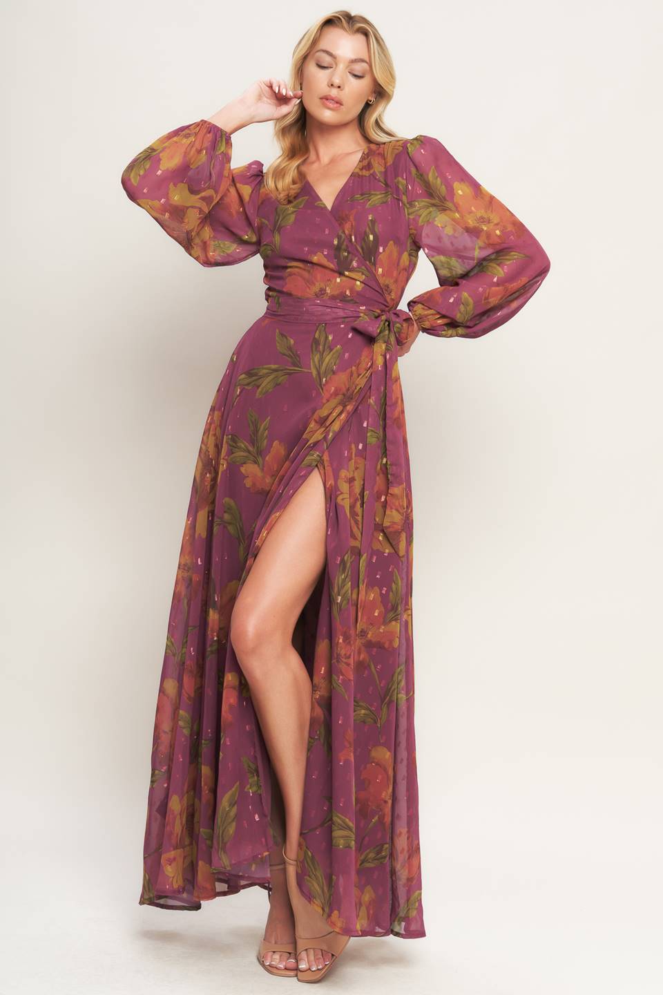 EMBER GARDEN LONG SLEEVE FLORAL WRAP DRESS
