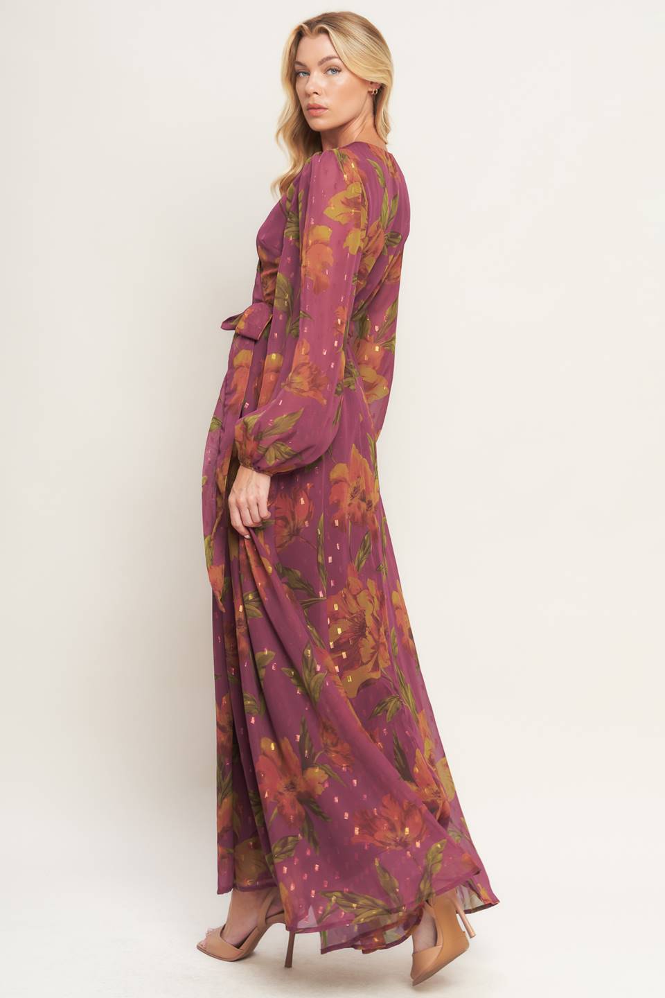 EMBER GARDEN LONG SLEEVE FLORAL WRAP DRESS