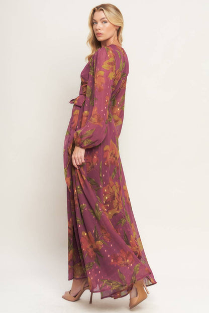 EMBER GARDEN LONG SLEEVE FLORAL WRAP DRESS