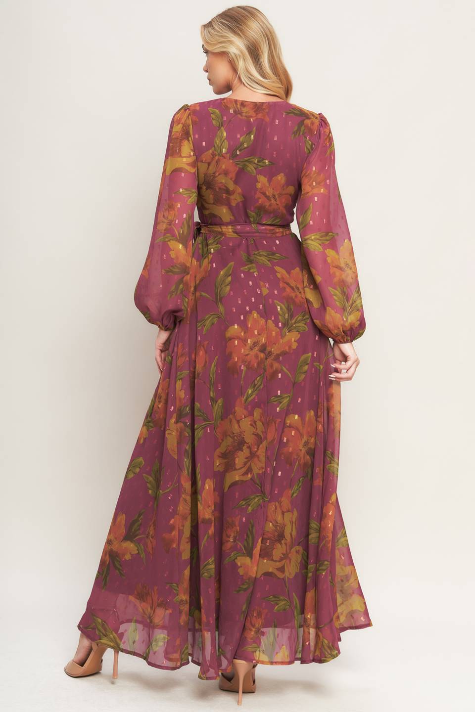 EMBER GARDEN LONG SLEEVE FLORAL WRAP DRESS