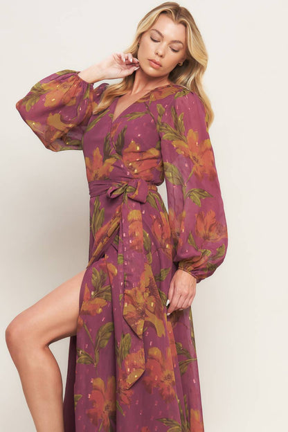 EMBER GARDEN LONG SLEEVE FLORAL WRAP DRESS