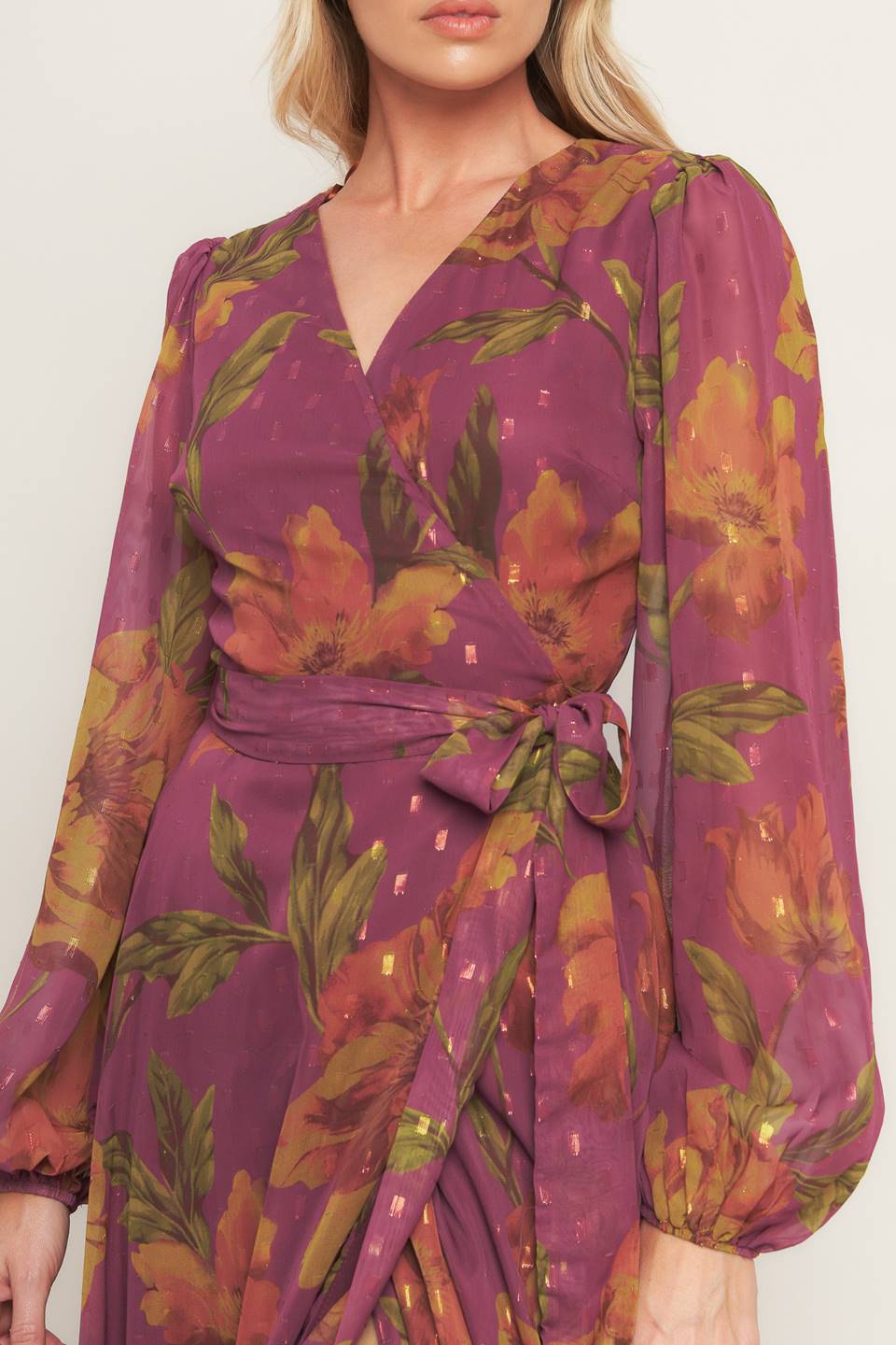 EMBER GARDEN LONG SLEEVE FLORAL WRAP DRESS