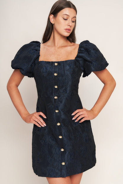 GOLDEN MOON NAVY PUFF SLEEVE MINI DRESS