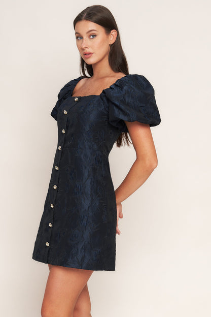 GOLDEN MOON NAVY PUFF SLEEVE MINI DRESS
