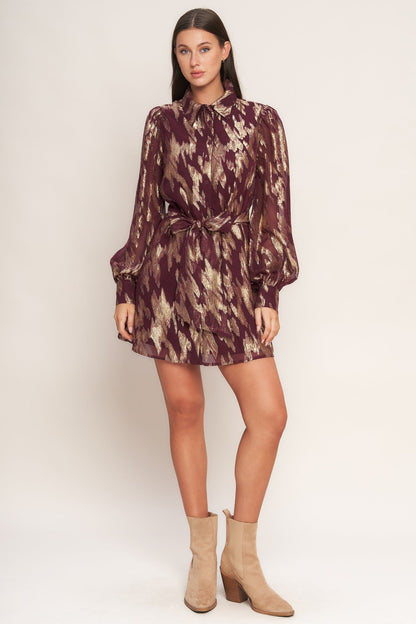 METALLIC MUSE BURGUNDY LONG SLEEVE MINI DRESS