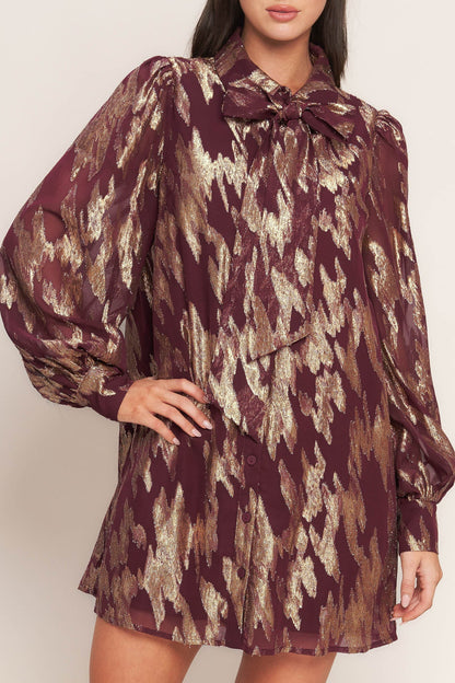 METALLIC MUSE BURGUNDY LONG SLEEVE MINI DRESS