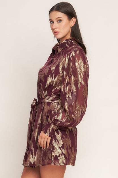 METALLIC MUSE BURGUNDY LONG SLEEVE MINI DRESS