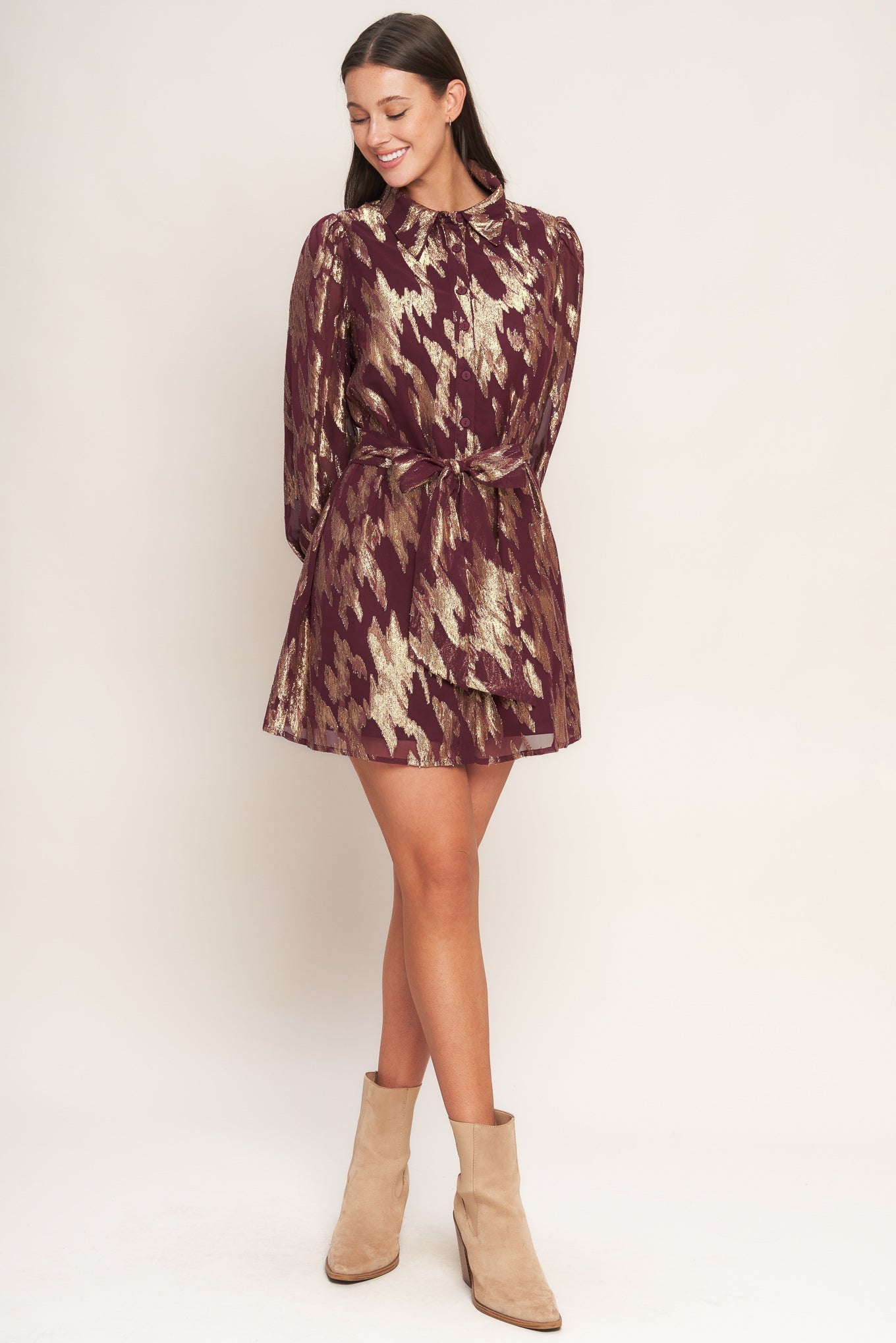 METALLIC MUSE BURGUNDY LONG SLEEVE MINI DRESS
