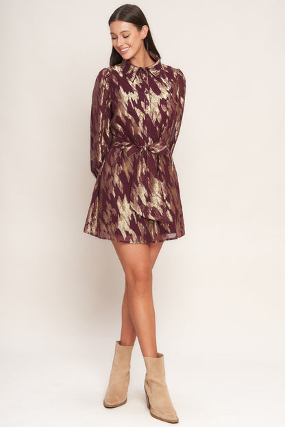 METALLIC MUSE BURGUNDY LONG SLEEVE MINI DRESS