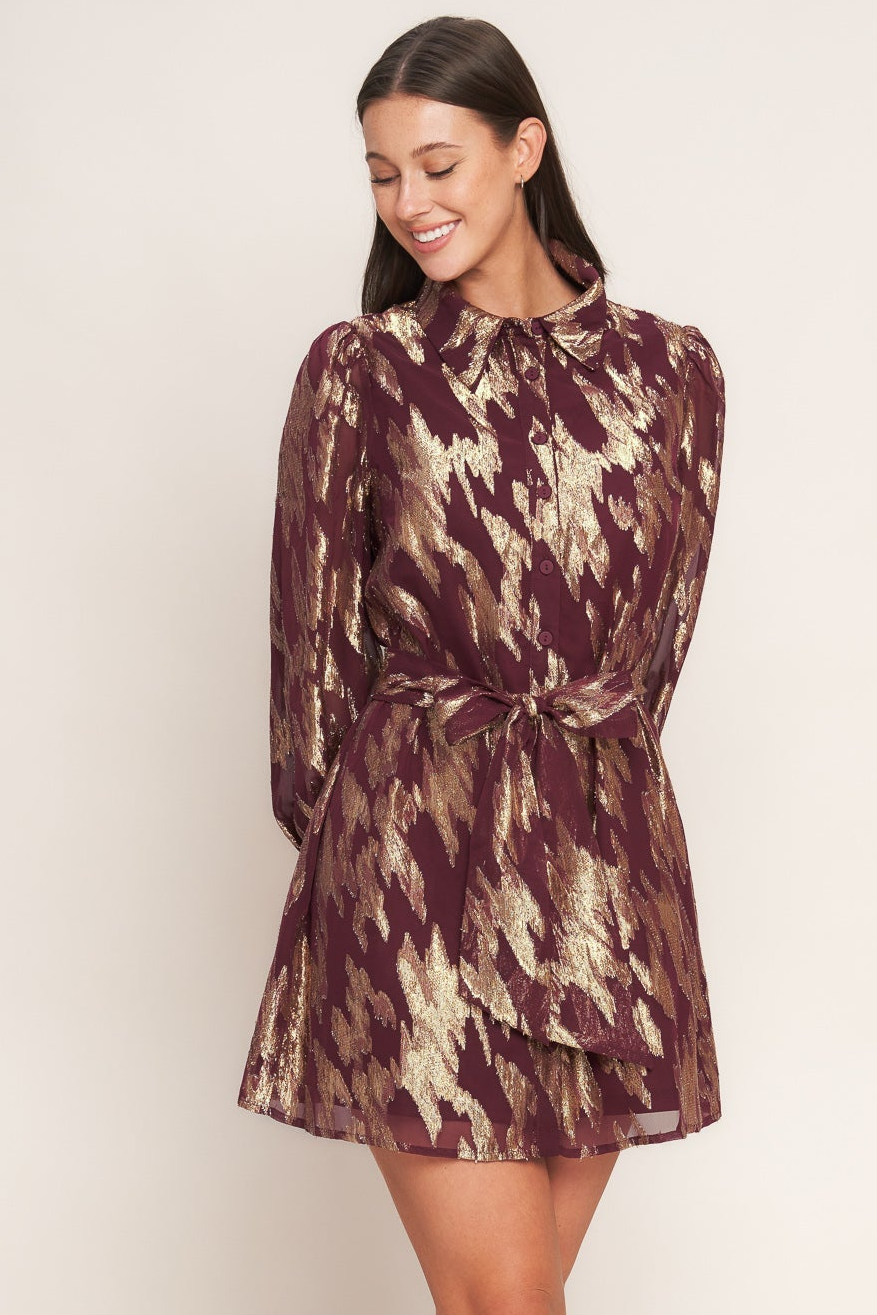 METALLIC MUSE BURGUNDY LONG SLEEVE MINI DRESS