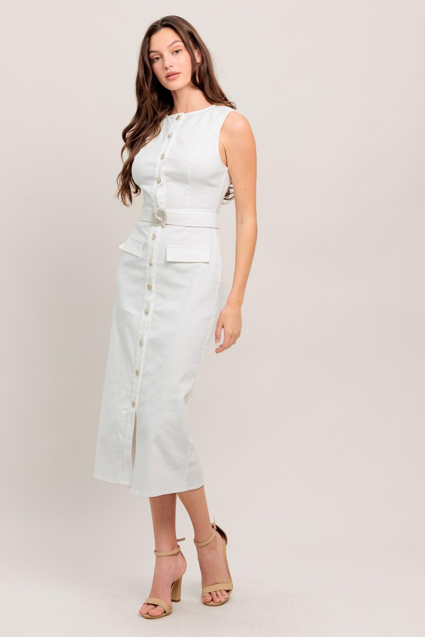 REAL ROMANCE BUTTON FRONT WHITE DENIM MIDI DRESS