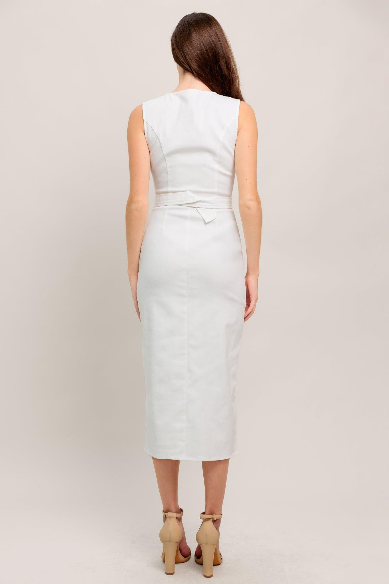 REAL ROMANCE BUTTON FRONT WHITE DENIM MIDI DRESS