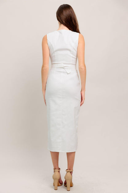 REAL ROMANCE BUTTON FRONT WHITE DENIM MIDI DRESS