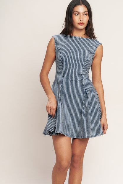 PERFECT PLANS STRIPED FIT & FLARE DENIM MINI DRESS