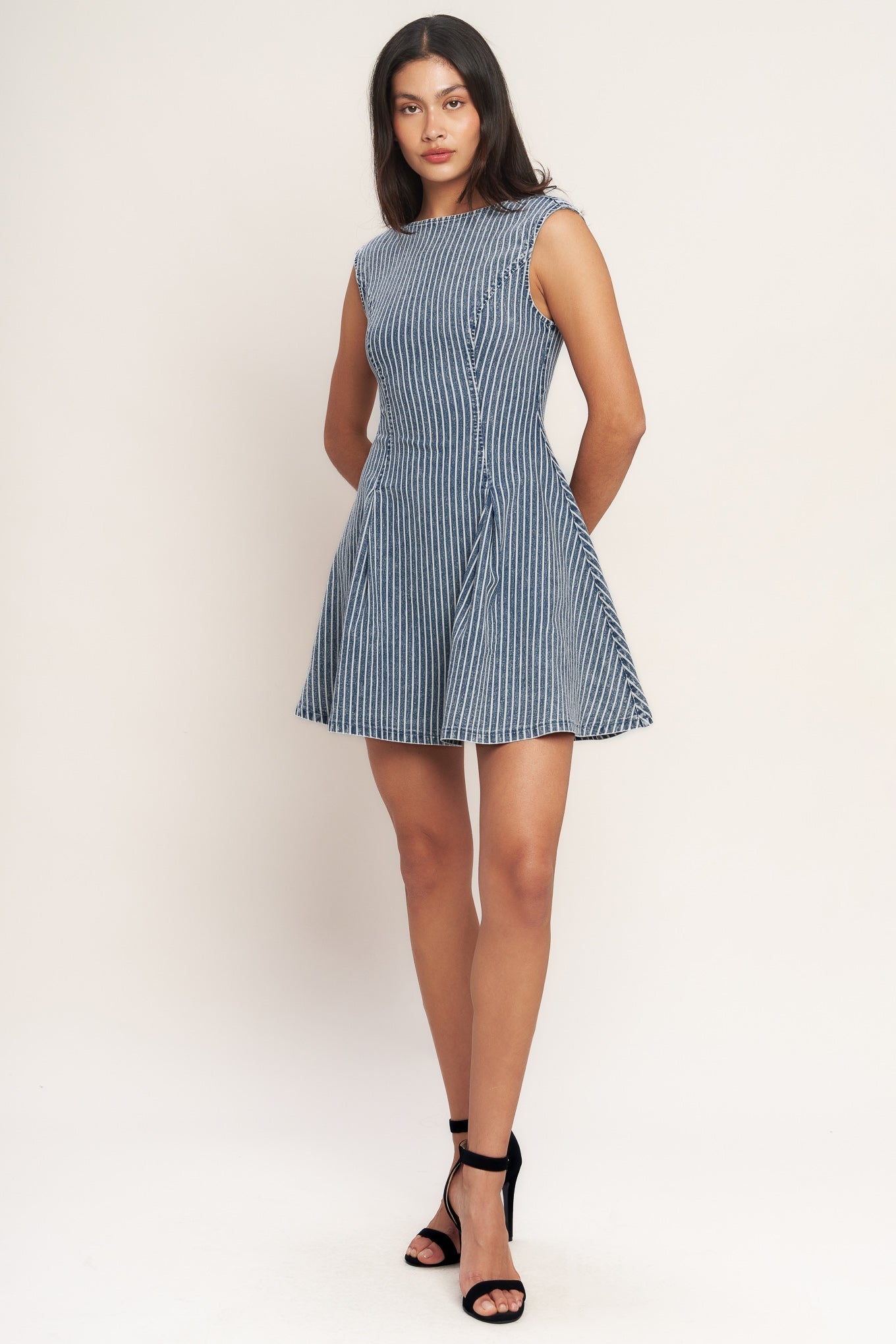 PERFECT PLANS STRIPED FIT & FLARE DENIM MINI DRESS