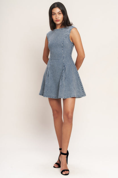 PERFECT PLANS STRIPED FIT & FLARE DENIM MINI DRESS