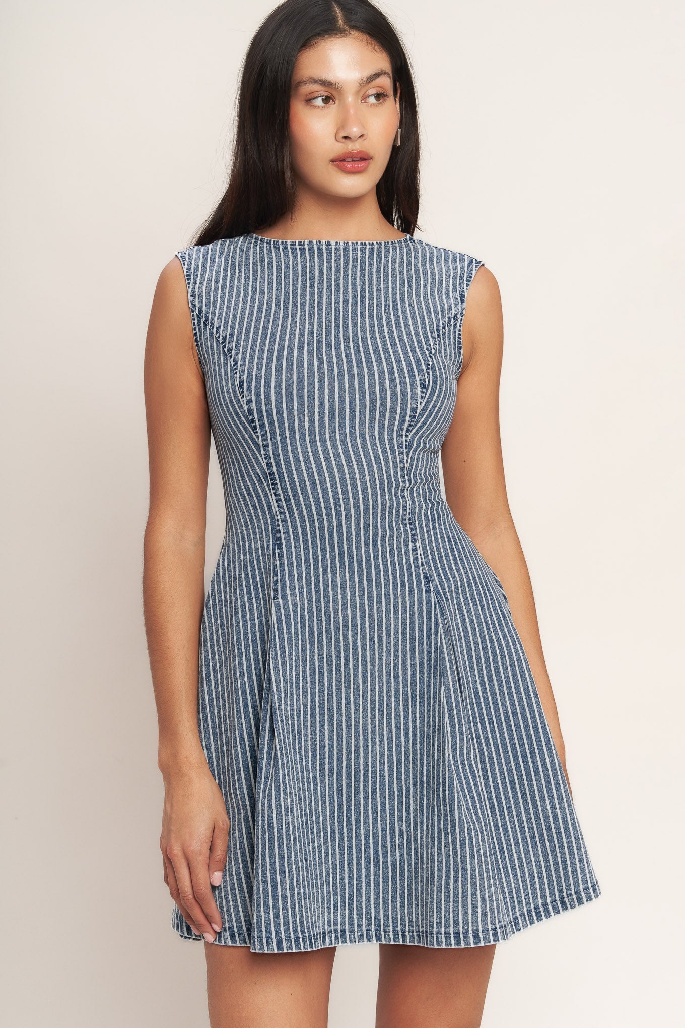 PERFECT PLANS STRIPED FIT & FLARE DENIM MINI DRESS