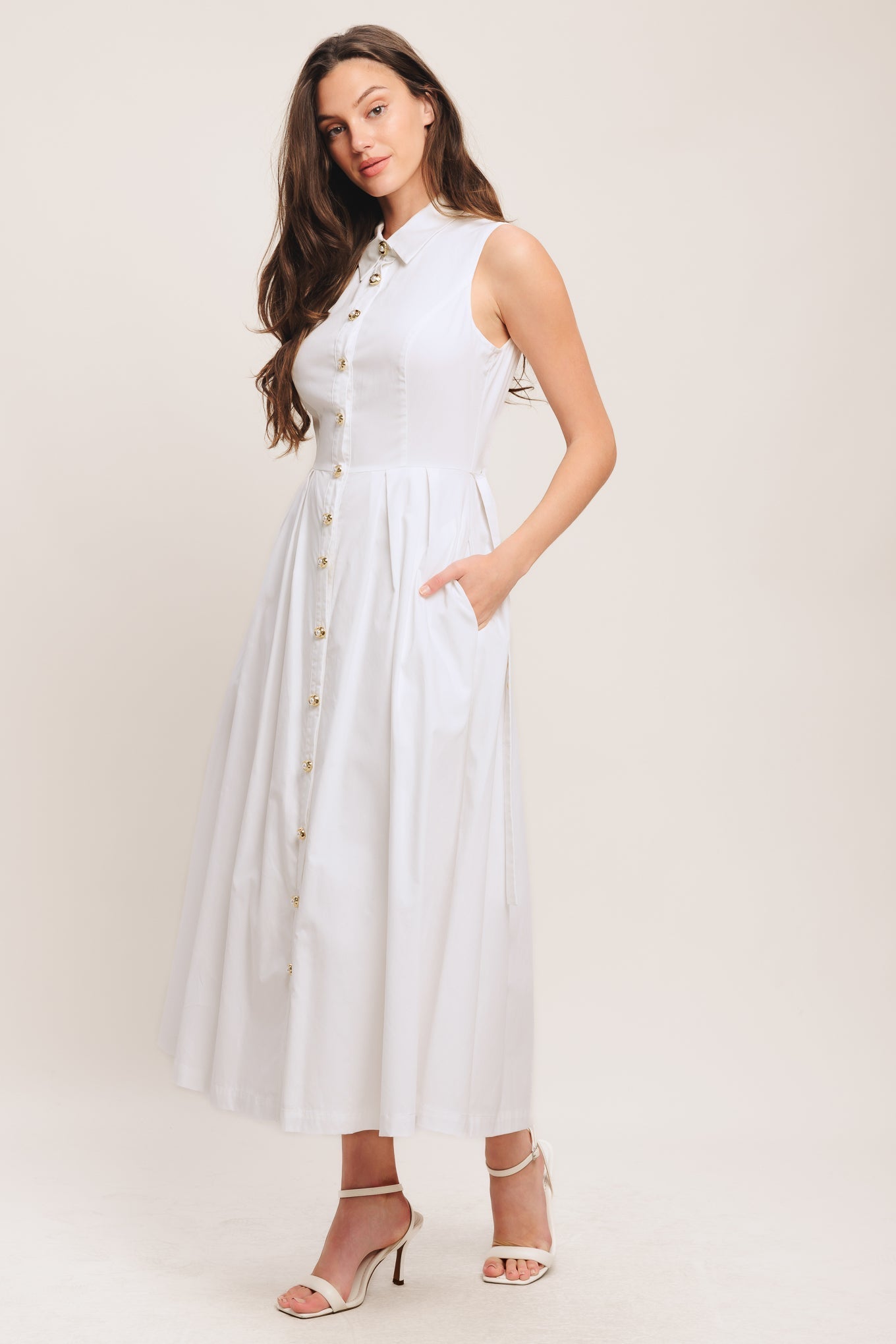 PEARL BUTTON DOWN WHITE MIDI DRESS