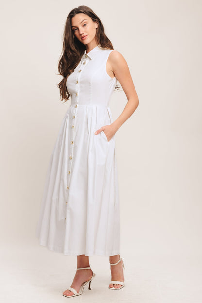 PEARL BUTTON DOWN WHITE MIDI DRESS