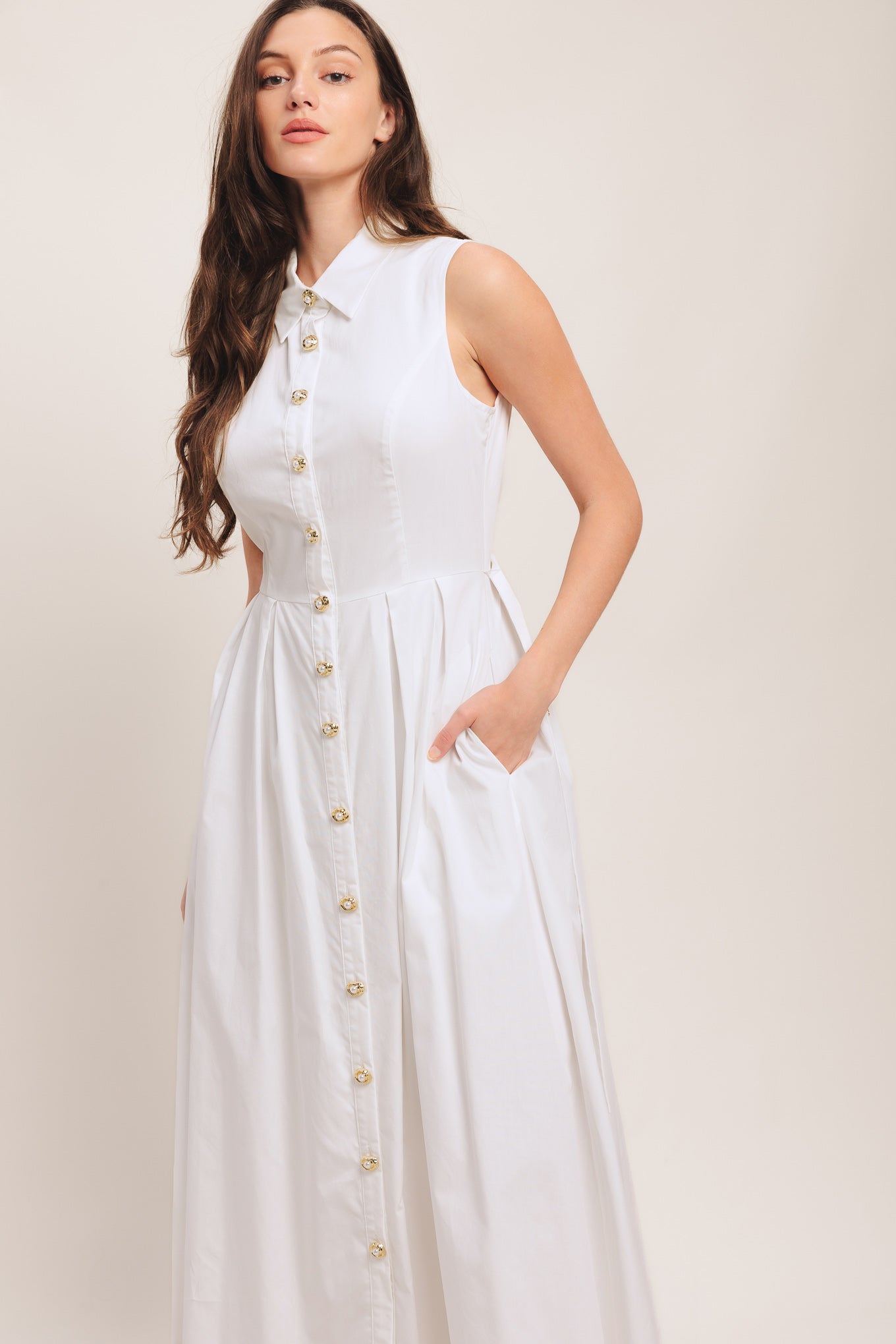 PEARL BUTTON DOWN WHITE MIDI DRESS